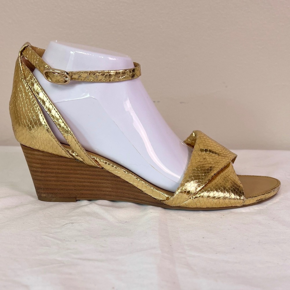 Franco Sarto Deirdra Wedge Sandals 9.5 Gold Snakeskin Metallic Ankle Strap Glam - Picture 5 of 11